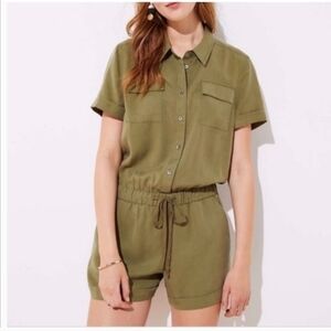 NWT Ann Taylor LOFT Olive Green Button-Up Romper Safari-style Sz M